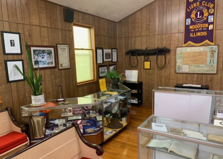 Village Hall display cases with local memorabilia