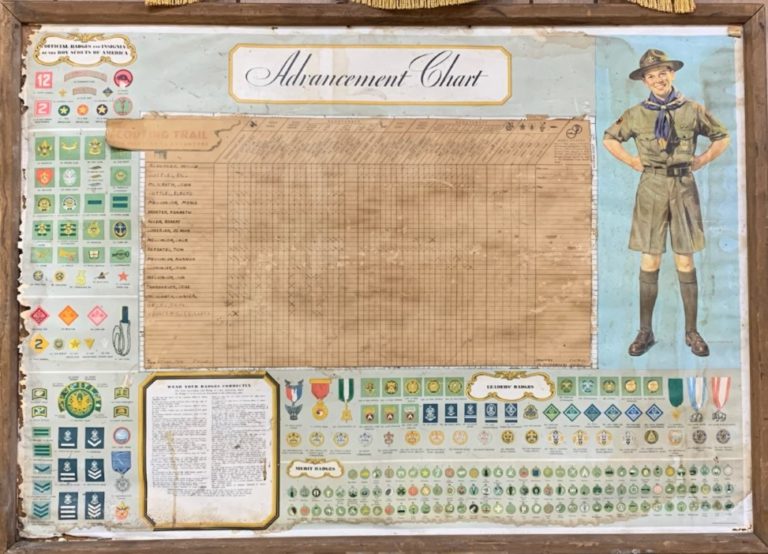Boy Scout advancement chart displayed in Village Hall